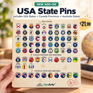 GeoArte USA State Pins add-on display featuring US states, Canadian provinces and Australian states
