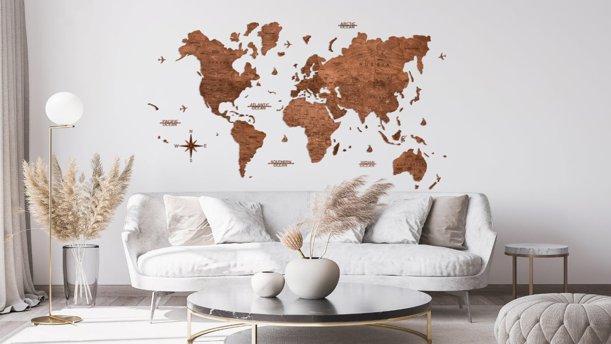 Living room after wooden world map installation