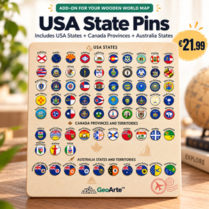 GeoArte USA state pins set with state flags and Canada and Australia travel markers